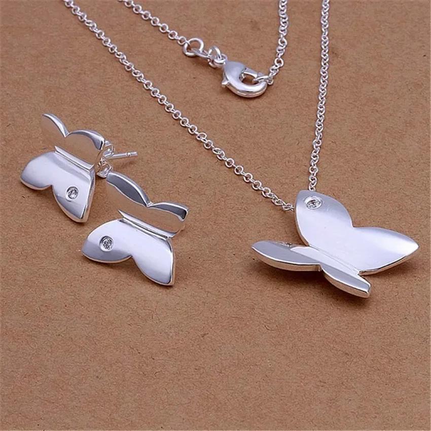 Factory outlets  925 Silver Plated jewelry set fashion women glamor glossy butterfly pendant necklace Stud Earrings